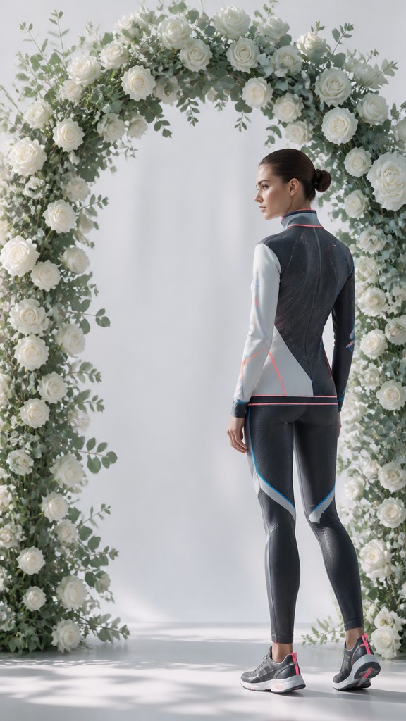 an arch of white roses and eucalyptus in soft morning light, elegant vertical composition with open space, no text