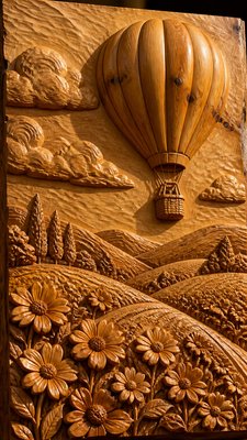 a hot air balloon drifting over rolling flower fields on a sunny day, cheerful, no text