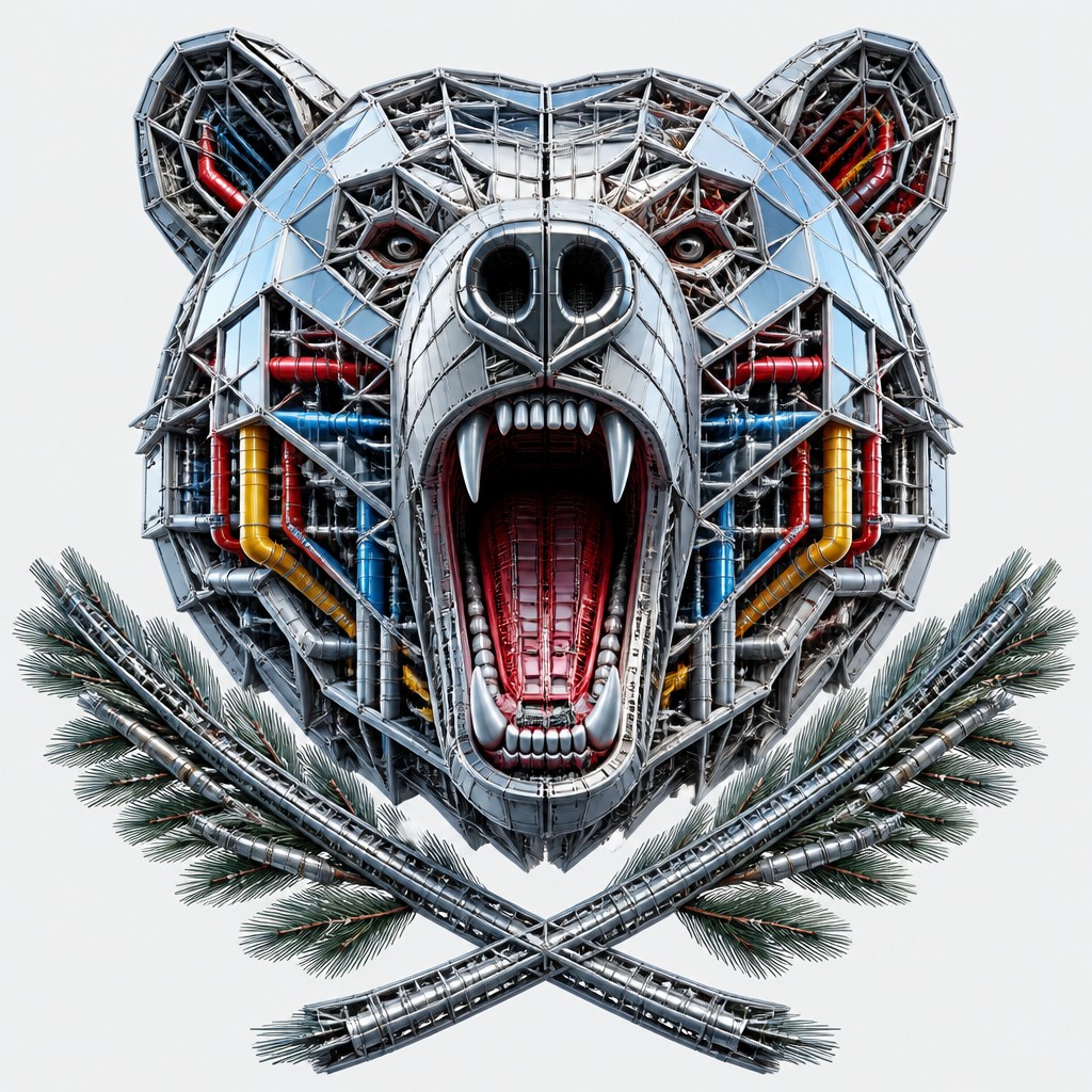 a roaring bear head above crossed pine branches, bold graphic composition on a plain background, no text