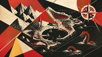 a map of an island realm with mountains, forests, a sheltered bay, sea monsters in the water and a compass rose, no text labels
