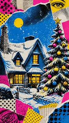 a snow-covered cottage with warm glowing windows beside a decorated pine tree, gentle snowfall, no text