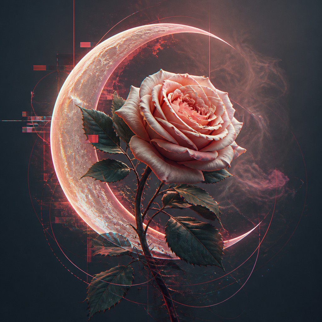 a rose entwined with a crescent moon, clean balanced composition on a plain background, no text