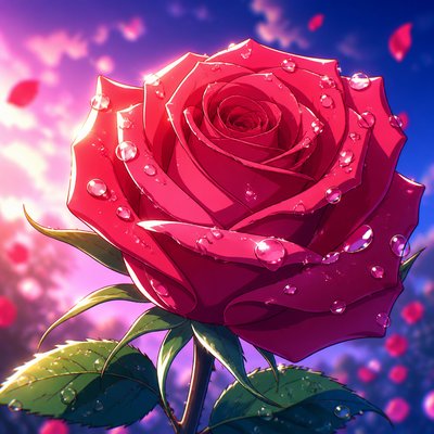 a single blooming rose with dew drops, close up