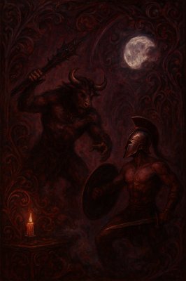 a painting of a demon and a man holding a sword