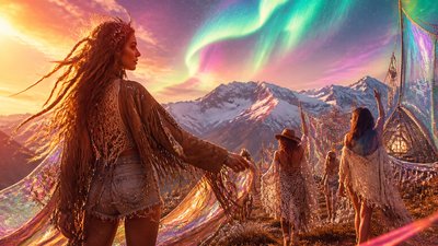 a flowing aurora over snowy peaks, wide sweeping composition, no people, no text