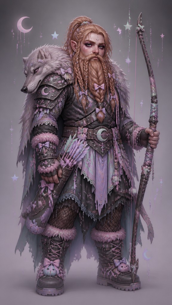 full-body original character: a dwarven ranger with a braided auburn beard, worn leather armor, a longbow and a wolf-pelt cloak, neutral background, no text