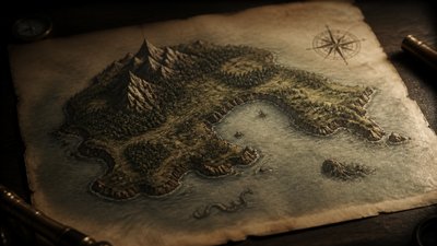 a map of an island realm with mountains, forests, a sheltered bay, sea monsters in the water and a compass rose, no text labels