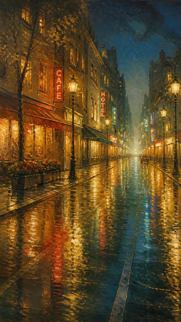 a quiet rainy city street at night reflecting neon signs, no people