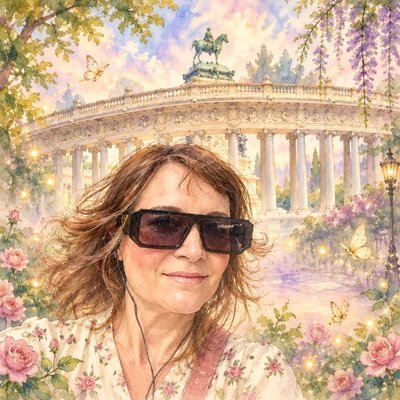 a painting of a woman wearing sunglasses in front of a building