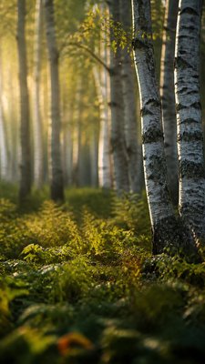 a serene birch forest in soft morning light, no people, no text