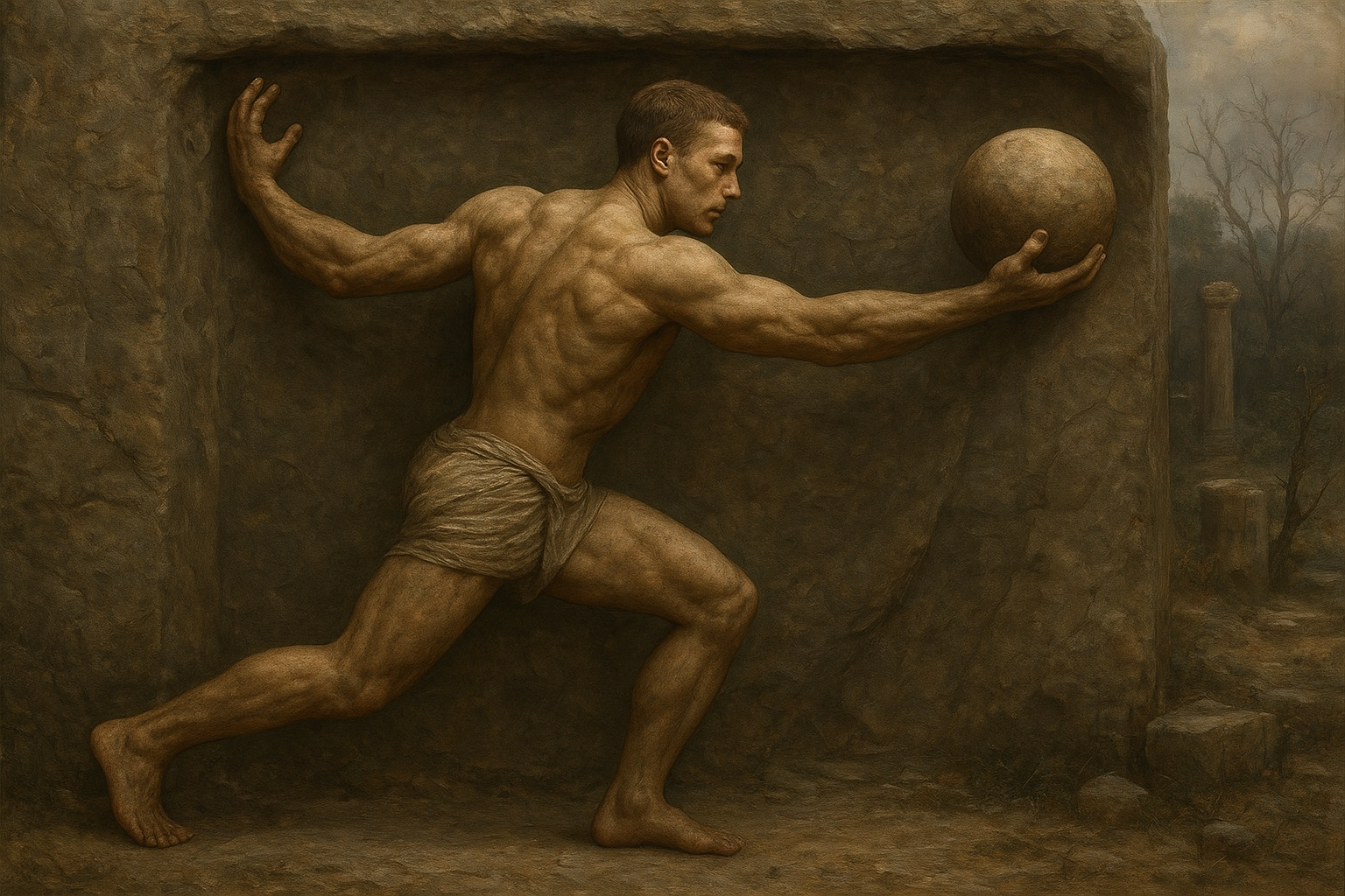 a painting of a man holding a ball