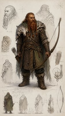 full-body original character: a dwarven ranger with a braided auburn beard, worn leather armor, a longbow and a wolf-pelt cloak, neutral background, no text