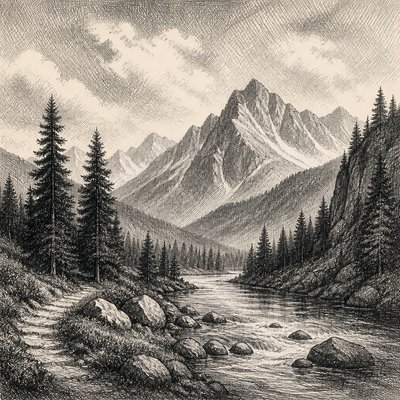 wide landscape with natural scenery — Cross-Hatching Drawing Style