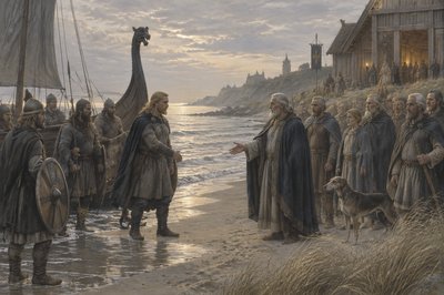 Beowulf meets the Geats on the shore bank