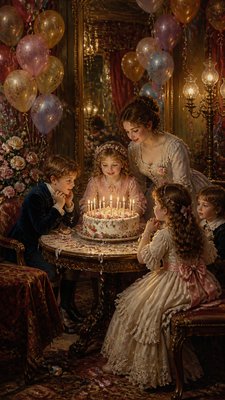 a birthday cake with lit candles surrounded by balloons and confetti, festive vertical composition, no text