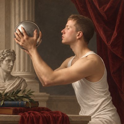 a painting of a man holding a silver ball
