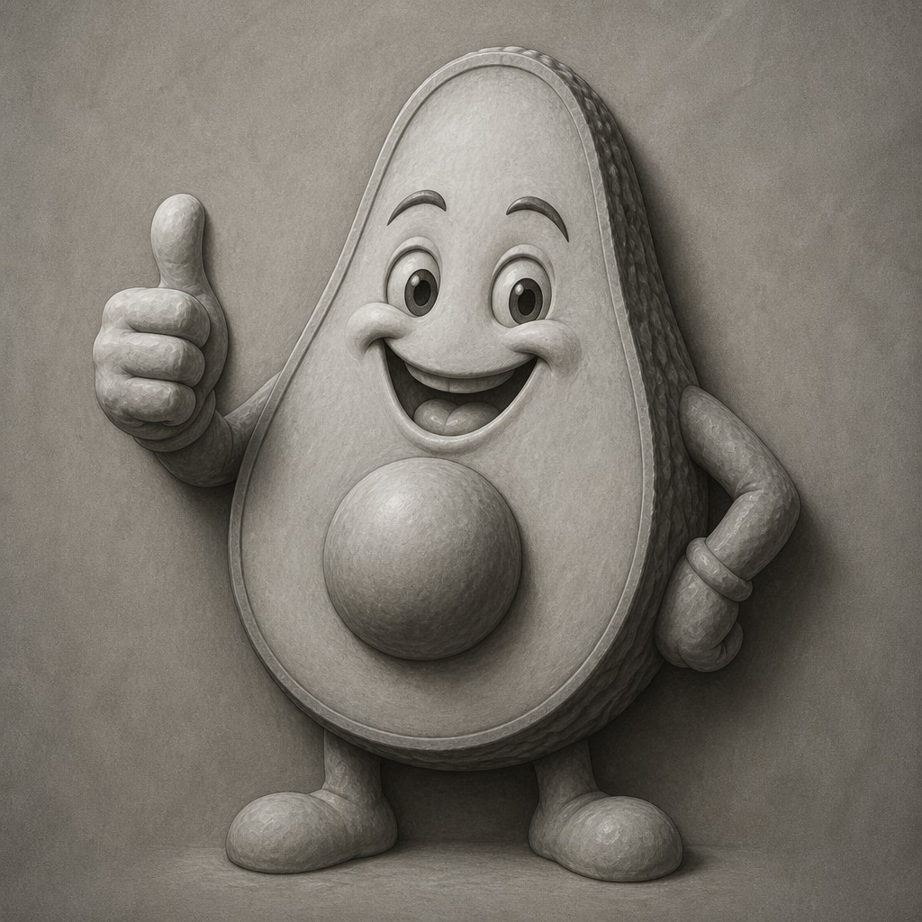 a happy avocado character giving a thumbs up, bold readable design on a plain background, no text