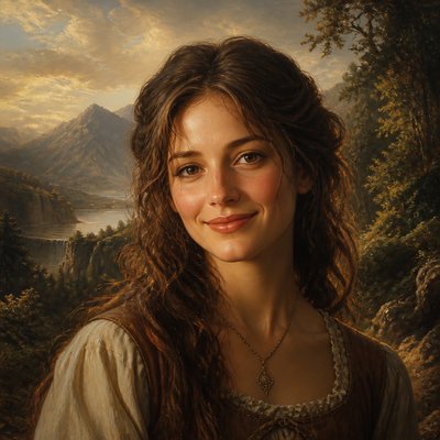 head-and-shoulders portrait of an original character: a young woman with wavy chestnut hair and a warm smile, plain soft backdrop