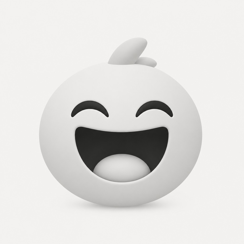an exaggerated laughing face of an original round mascot character, bold and readable at small size, plain background, no text