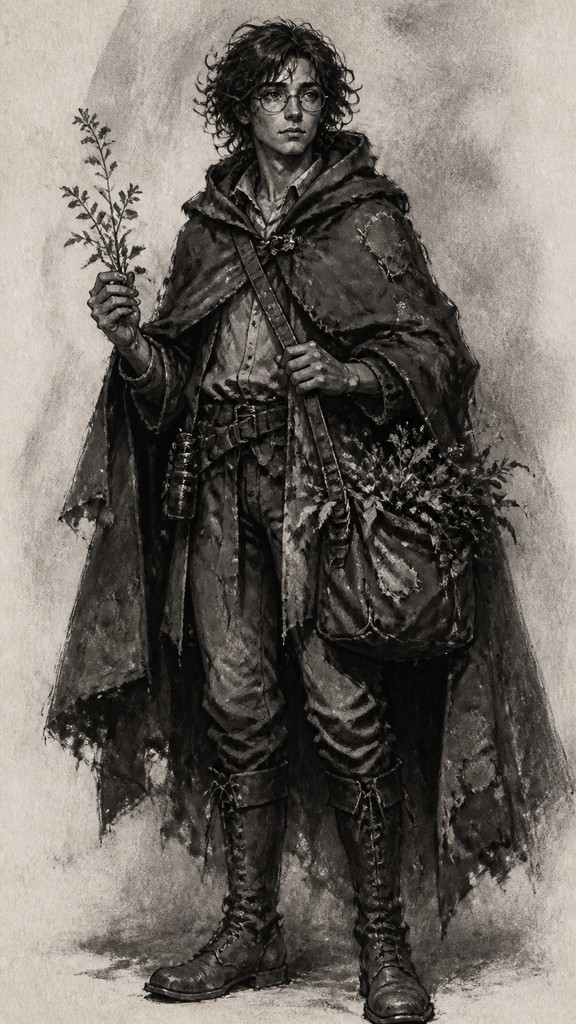 full-body original character: a wandering botanist with a satchel of plants, a patched green cloak, tall boots and round glasses, neutral background