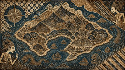 a map of an island realm with mountains, forests, a sheltered bay, sea monsters in the water and a compass rose, no text labels