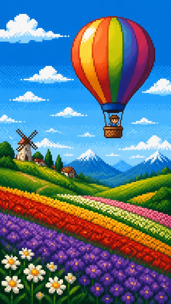 a hot air balloon drifting over rolling flower fields on a sunny day, cheerful, no text