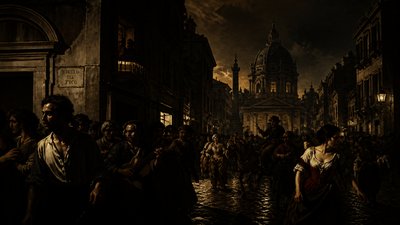 bustling city street panorama at dusk