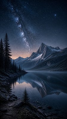 a tranquil mountain lake beneath a starry night sky, no people, no text