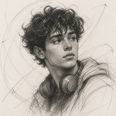 head-and-shoulders portrait of an original character: a young man with curly dark hair and headphones around his neck, plain backdrop, no text