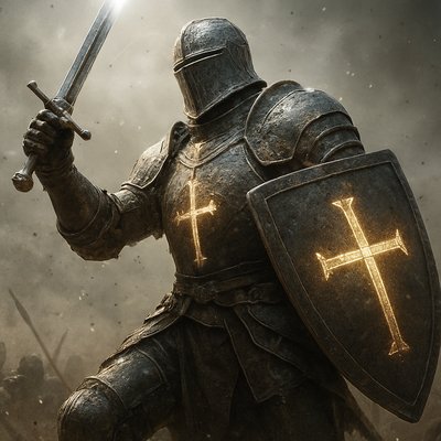 Create a hyper-realistic image with slight surreal elements and extreme detail of a medieval battlefield viewed from a worm's eye perspective, looking up at a fierce warrior in full plate armor, including a visored helmet that obscures his face, standing in a defensive battle stance with a gleaming longsword raised in one hand and a sturdy shield emblazoned with glowing cross emblems in the other, his armor radiating ethereal light from intricate cross motifs.