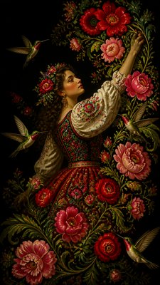 a climbing vine of flowers and hummingbirds on a dark background, tall wrapping composition, no text