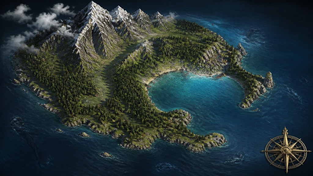 a map of an island realm with mountains, forests, a sheltered bay, sea monsters in the water and a compass rose, no text labels