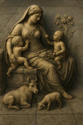 a statue of a woman holding a baby and two dogs