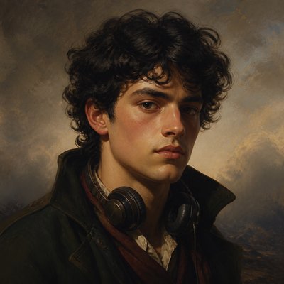 head-and-shoulders portrait of an original character: a young man with curly dark hair and headphones around his neck, plain backdrop, no text