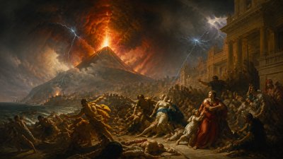 an erupting volcano with lightning strikes, dramatic wide composition, no text