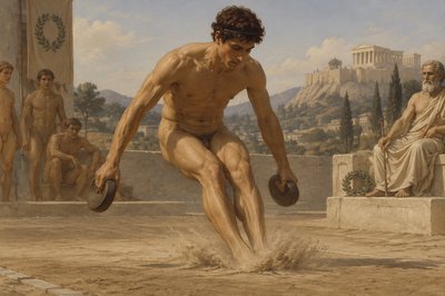 an ancient greek ignudi long jump runner lowers his hands holding weights as his feet hits the dust 