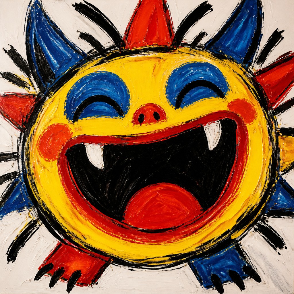 an exaggerated laughing face of an original round mascot character, bold and readable at small size, plain background, no text
