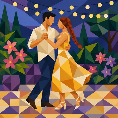 an original couple dancing under string lights in a garden at dusk: a man with short black hair in a linen shirt and a woman with braided red hair in a summer dress