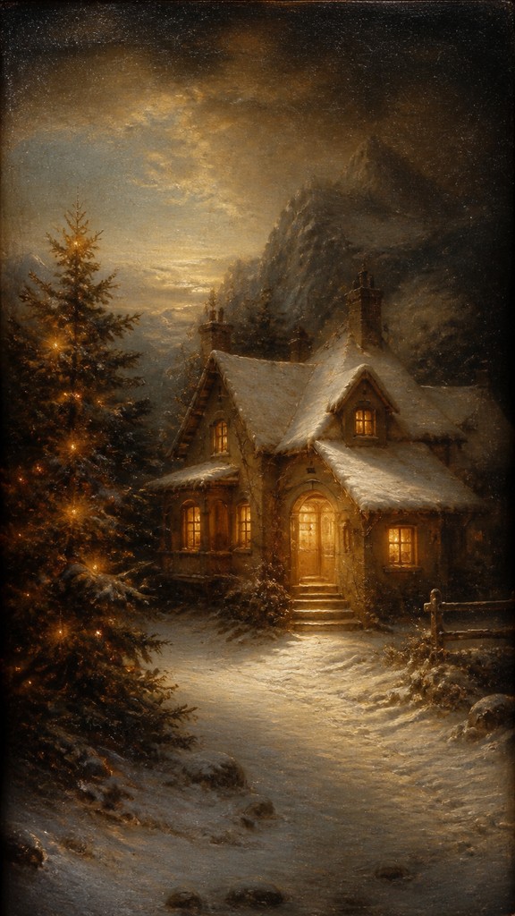 a snow-covered cottage with warm glowing windows beside a decorated pine tree, gentle snowfall, no text