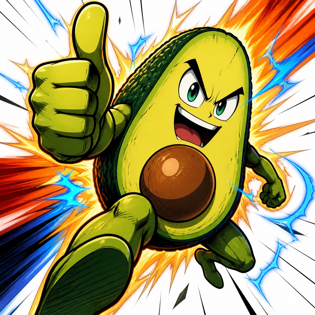 a happy avocado character giving a thumbs up, bold readable design on a plain background, no text