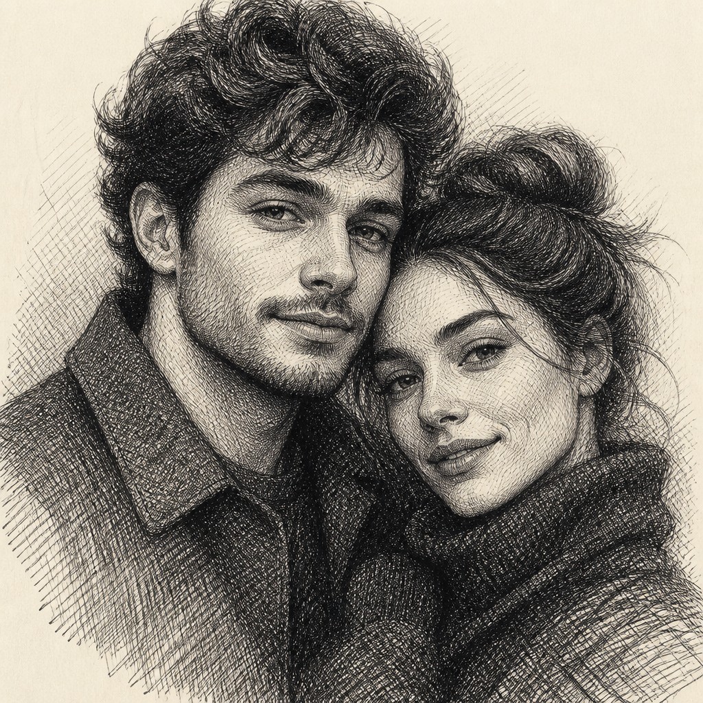 portrait of two people together — Cross-Hatching Drawing Style