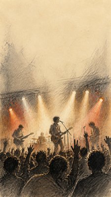 a live music scene with a glowing stage and silhouetted crowd, energetic vertical composition with open space at the top, no text