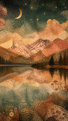 a tranquil mountain lake beneath a starry night sky, no people, no text