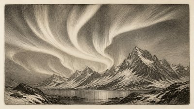 a flowing aurora over snowy peaks, wide sweeping composition, no people, no text