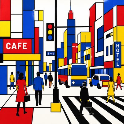 urban street with city activity — Primary Colors Art Style