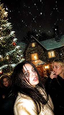 a snow-covered cottage with warm glowing windows beside a decorated pine tree, gentle snowfall, no text