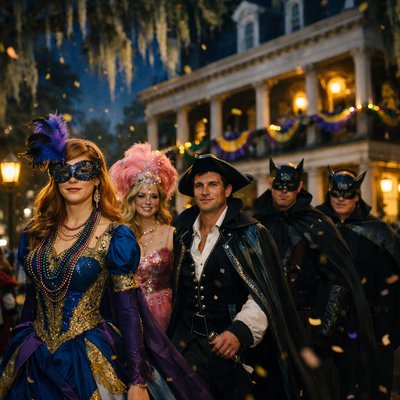 Exterior nighttime scene from Nancy Drew book #81 The Mardi Gras Mystery, the group in full festive costumes arriving at the grand, shadowy Seaton Mansion known as 'Bat Hollow' in New Orleans during Mardi Gras. Teenage detective Nancy Drew leads the way with reddish-blonde hair, wearing an elegant masquerade gown in blue and gold with purple accents, feathered half-mask, strands of colorful beads, and a mysterious smile. Beside her, Ned Nickerson in a dashing tuxedo or pirate-inspired costume with cape and tricorn hat. Bess Marvin (blonde, glamorous) in a sparkling pink feathered ball gown and elaborate headdress, George Fayne (short dark hair, sporty) in a fun jester outfit or adventurous explorer costume with mask. Brian Seaton and his father Bartholomew nearby in partial bat-themed costumes—dark capes, bat-wing collars, eerie masks with pointed ears. The historic Southern mansion looms behind: tall columns, wrought-iron balconies draped with Mardi Gras lights and purple/green/gold banners, flickering lanterns at the entrance, Spanish moss in ancient oaks, subtle bat motifs in the architecture, warm glowing windows hinting at antique interiors and the stolen portrait. Festive yet slightly eerie atmosphere—confetti in the air, distant parade sounds implied, dramatic twilight sky with stars, vibrant colors against gothic shadows. 1980s Nancy Drew book illustration style, adventurous and exciting, detailed costumes and group dynamic, cinematic wide-angle composition, lively holiday energy mixed with subtle suspense."

