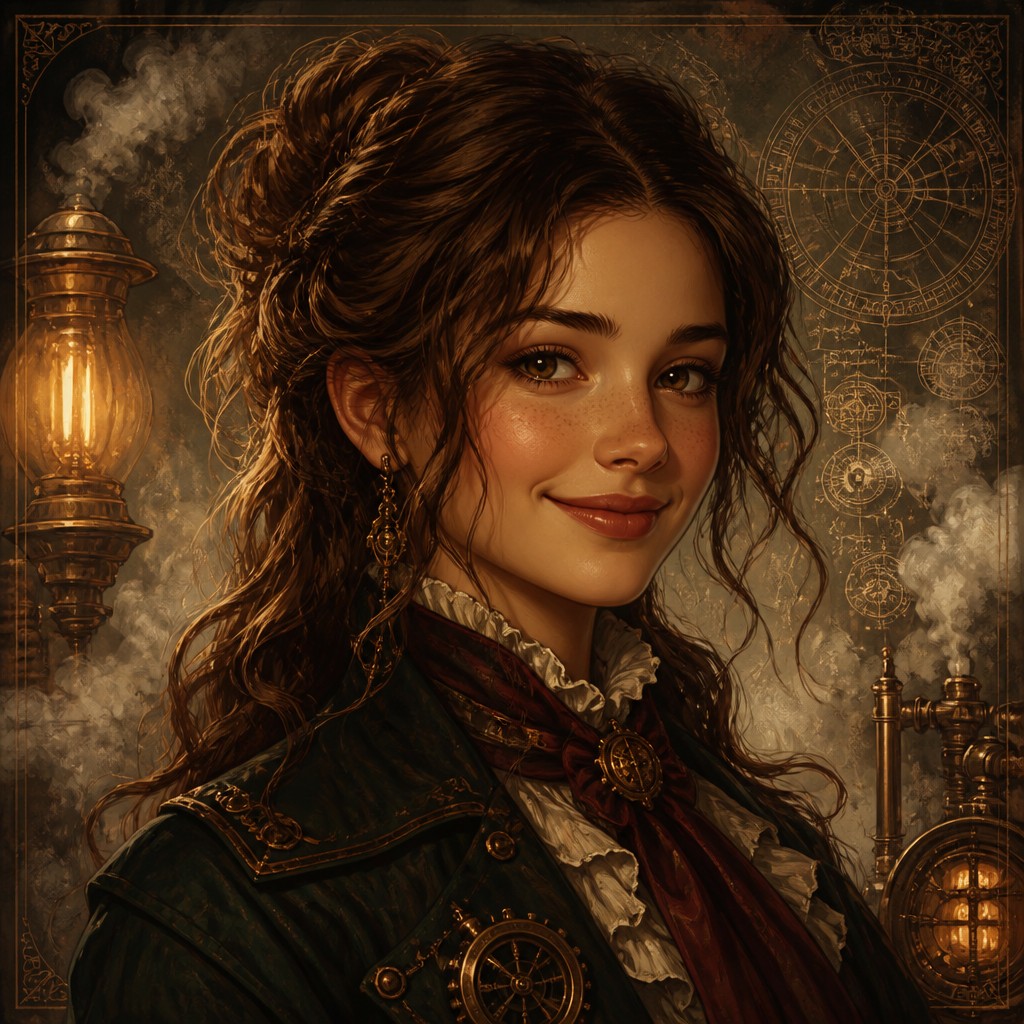 head-and-shoulders portrait of an original character: a young woman with wavy chestnut hair and a warm smile, plain soft backdrop