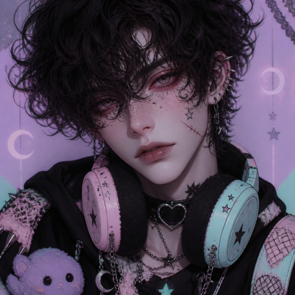 head-and-shoulders portrait of an original character: a young man with curly dark hair and headphones around his neck, plain backdrop, no text