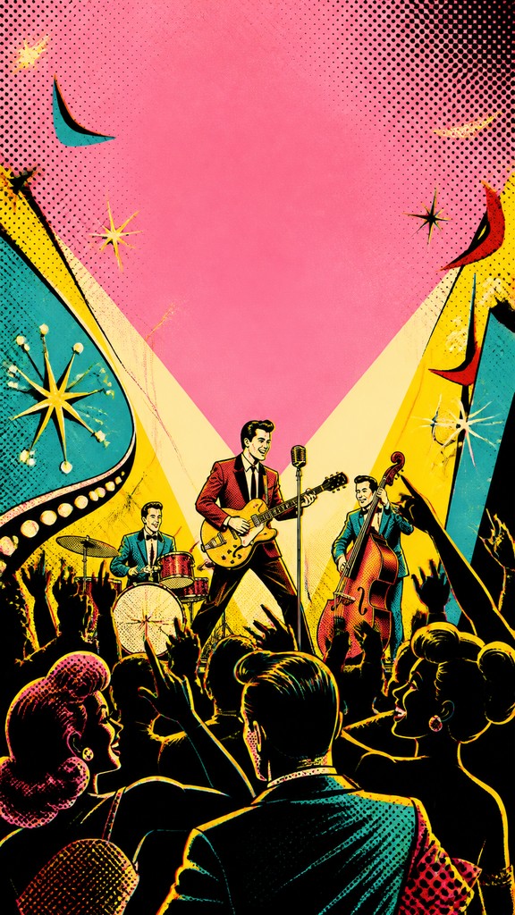 a live music scene with a glowing stage and silhouetted crowd, energetic vertical composition with open space at the top, no text